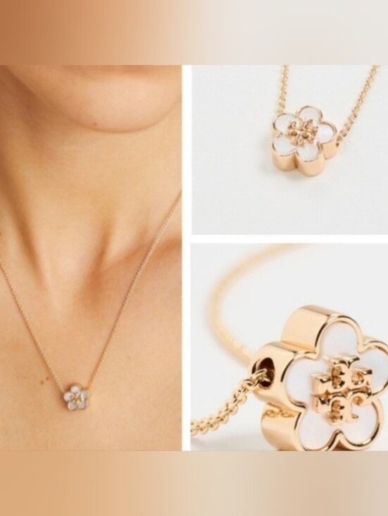 Tory Burch Jewelry - TORY BURCH Mother of Pearl Enamel Flower Double T Logo Gold Chain Necklace